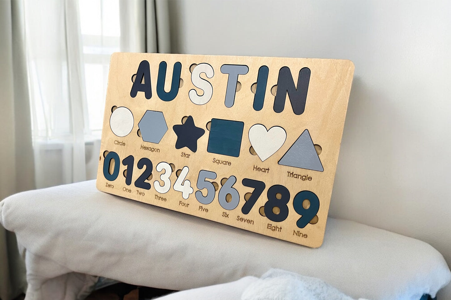 Kids Wooden Name Puzzle with Numbers and Shapes
