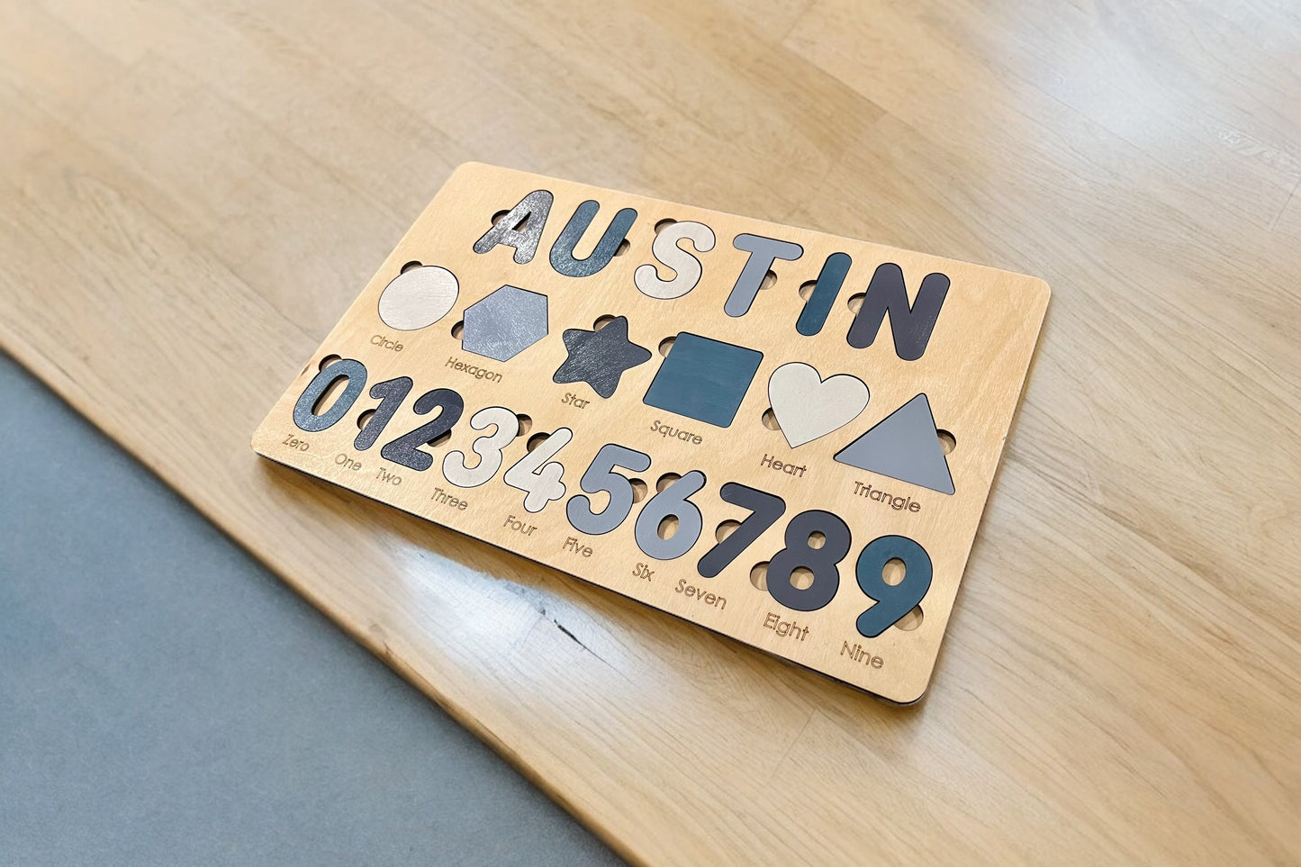 Kids Wooden Name Puzzle with Numbers and Shapes