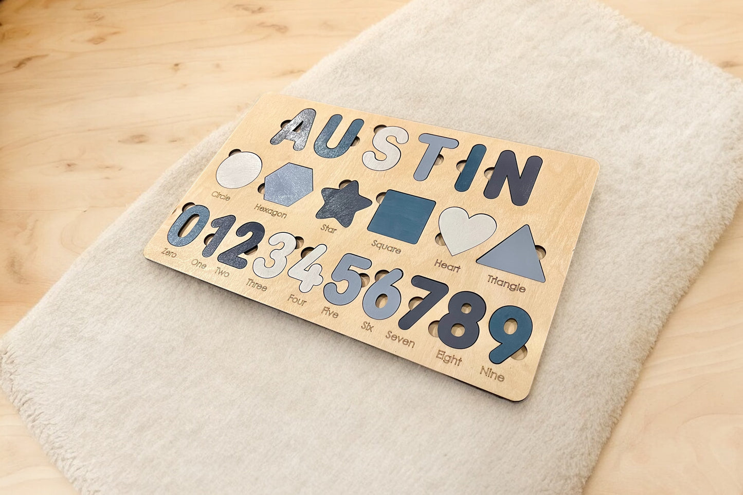 Kids Wooden Name Puzzle with Numbers and Shapes