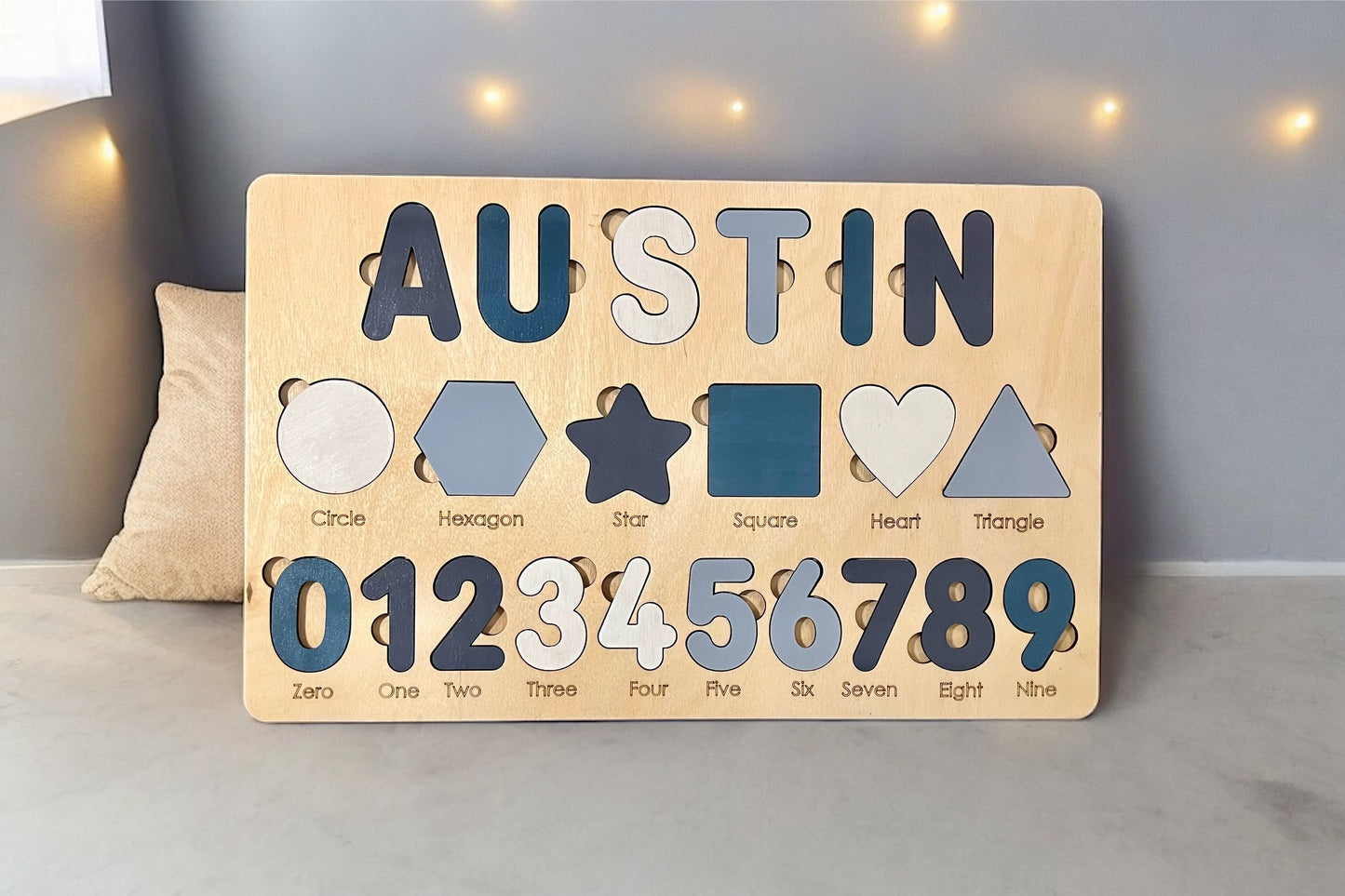 Kids Wooden Name Puzzle with Numbers and Shapes