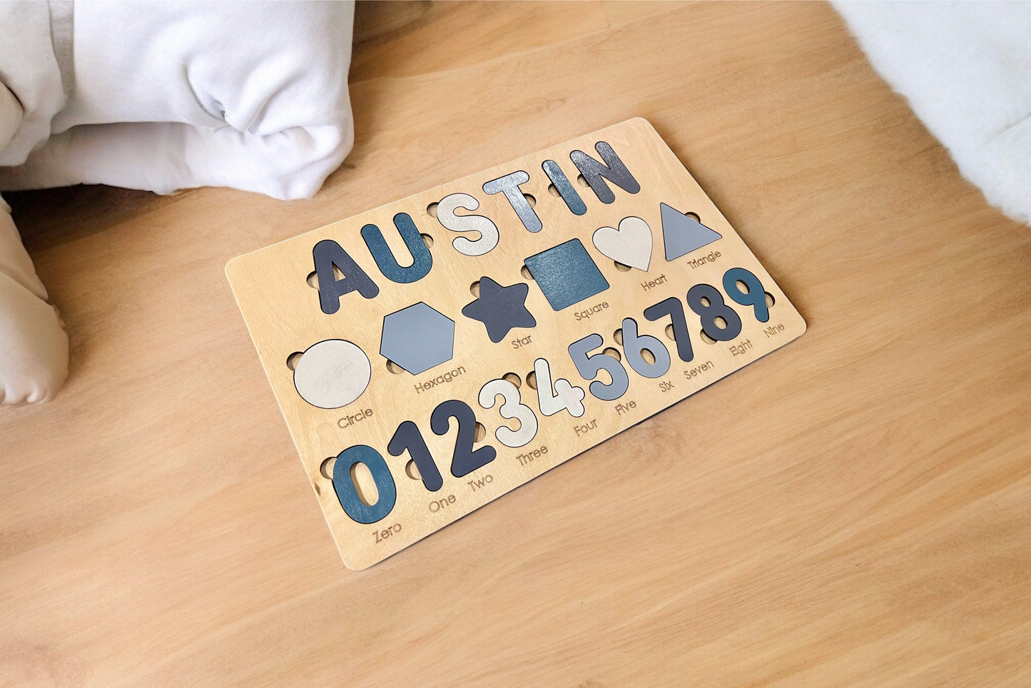 Kids Wooden Name Puzzle with Numbers and Shapes