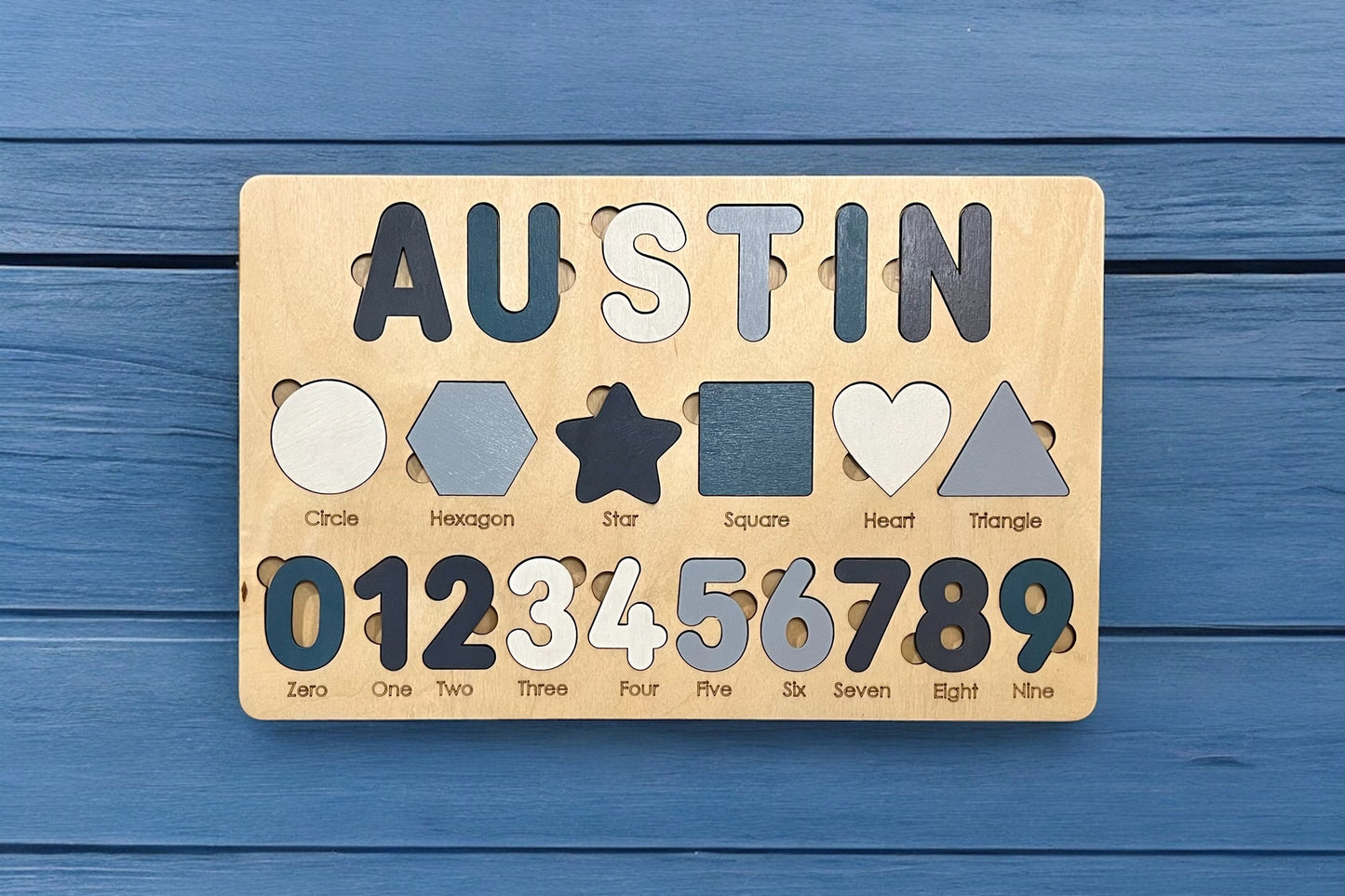 Kids Wooden Name Puzzle with Numbers and Shapes