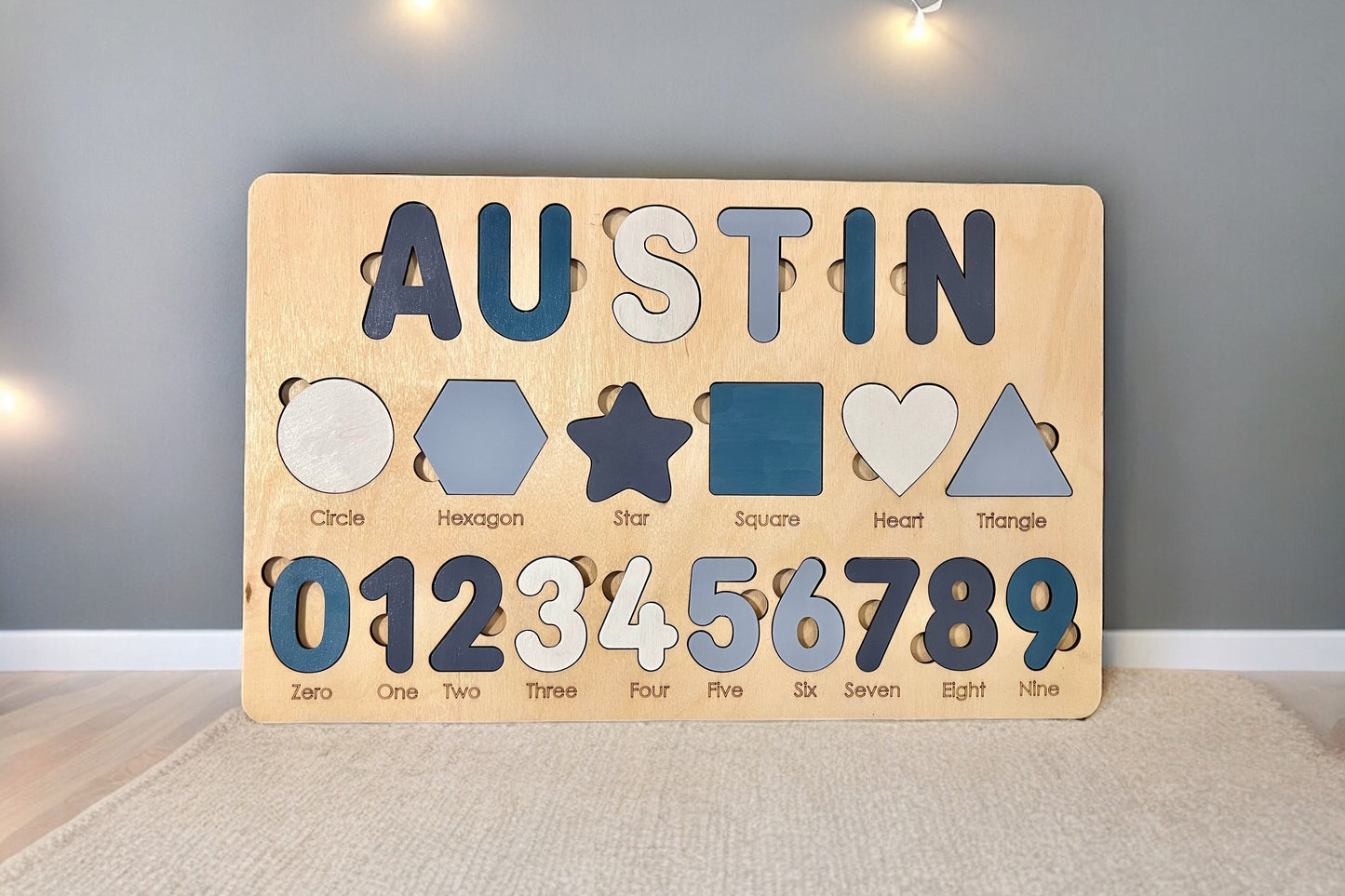 Kids Wooden Name Puzzle with Numbers and Shapes