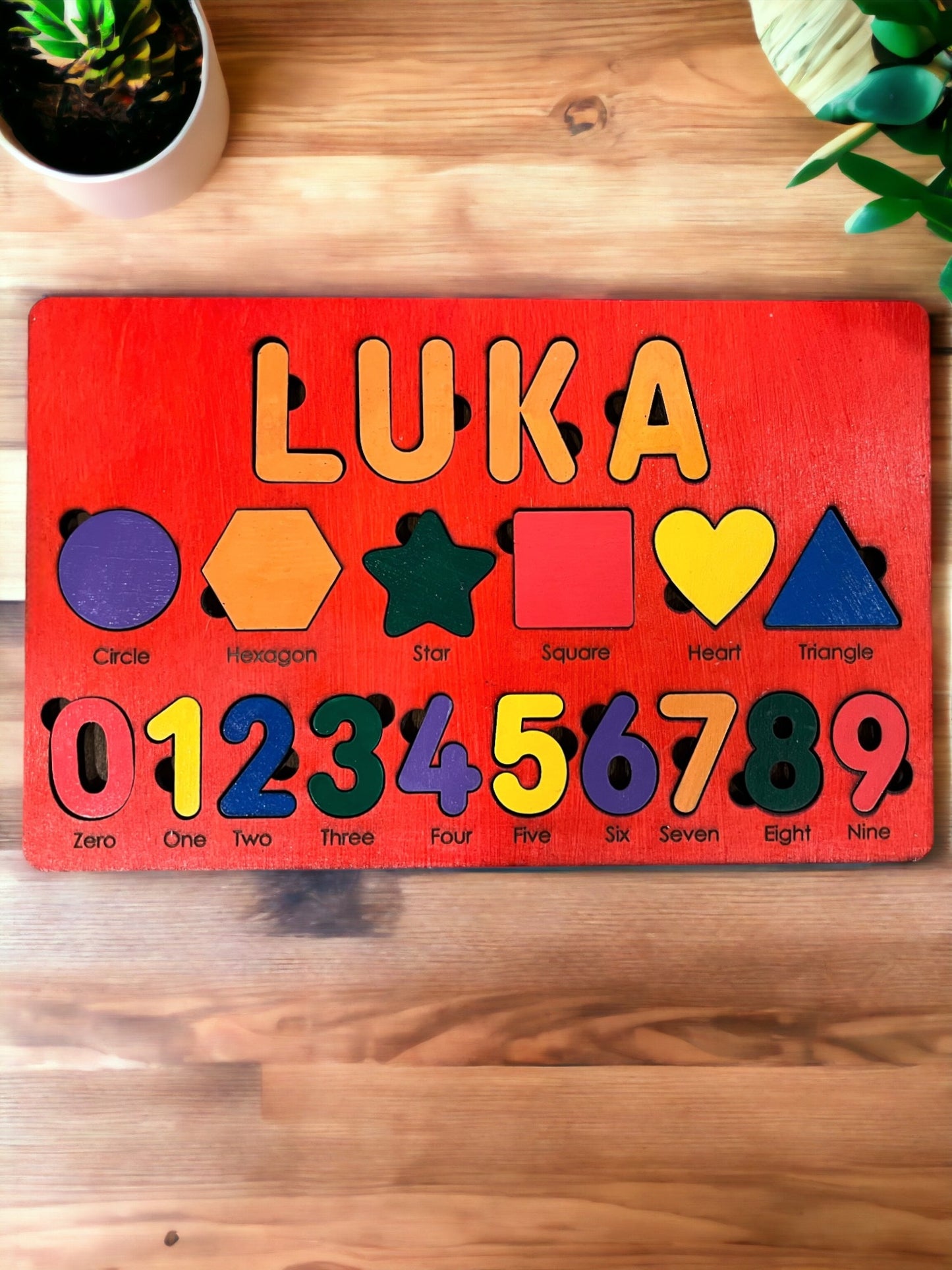 Kids Wooden Name Puzzle with Numbers and Shapes