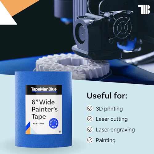 Wide Blue Painters Tape, 6 inch x 60 yds, Made in America, Great Masking Tape for 3D Printing and Laser Cutting, Removes Cleanly for 21 Days
