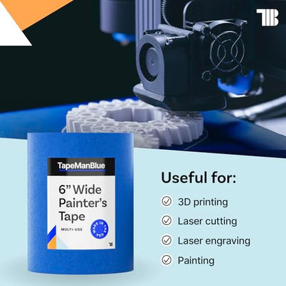 Wide Blue Painters Tape, 6 inch x 60 yds, Made in America, Great Masking Tape for 3D Printing and Laser Cutting, Removes Cleanly for 21 Days