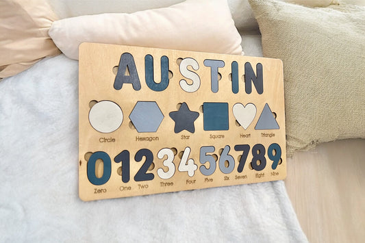 Kids Wooden Name Puzzle with Numbers and Shapes