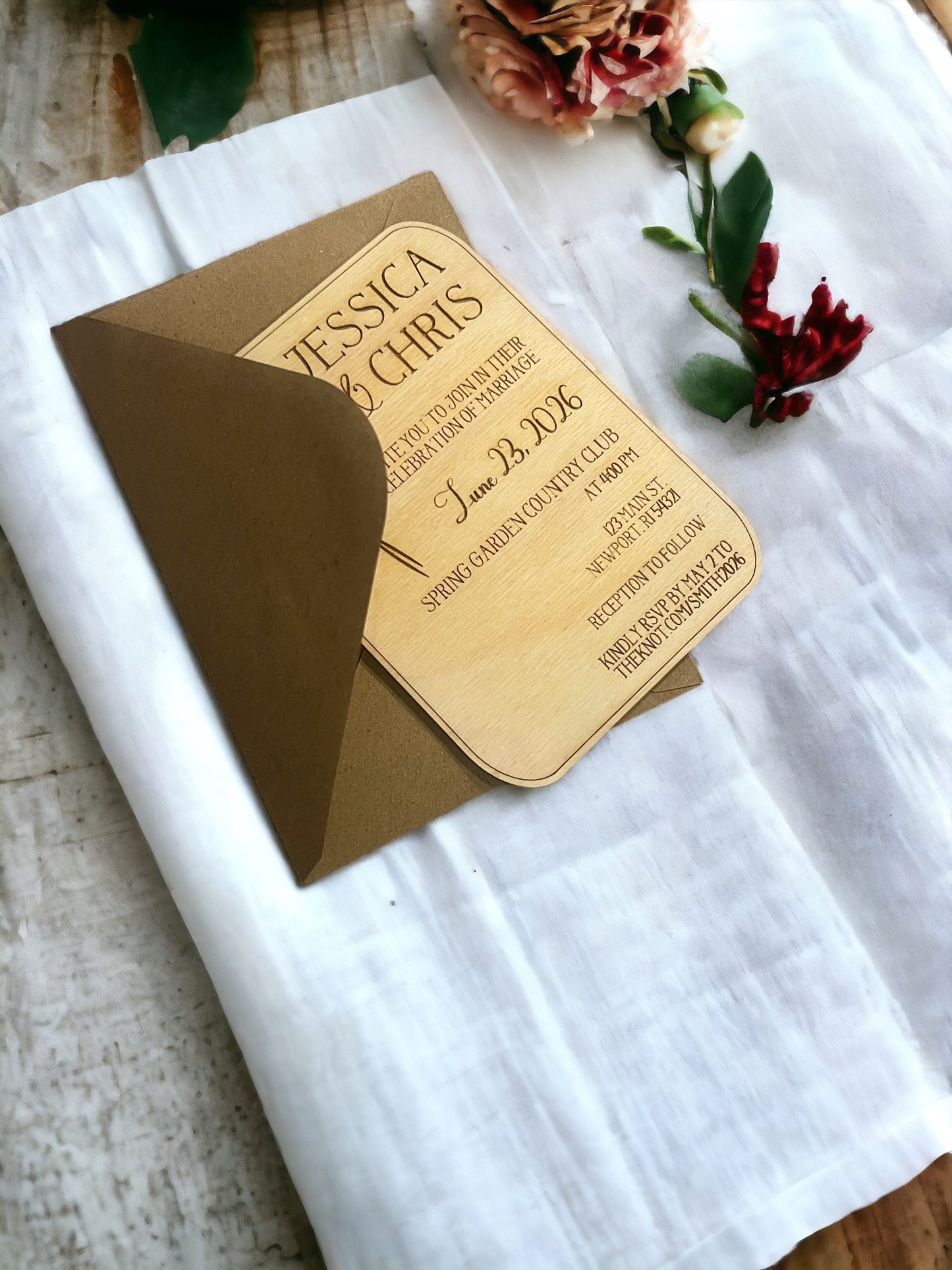 Wooden Floral Wedding Invitations w/ RSVP link